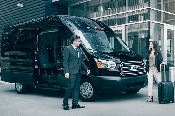Business traveller boarding professional shuttle in Orinda