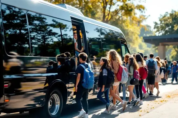 Students boarding school trip shuttle in Orinda