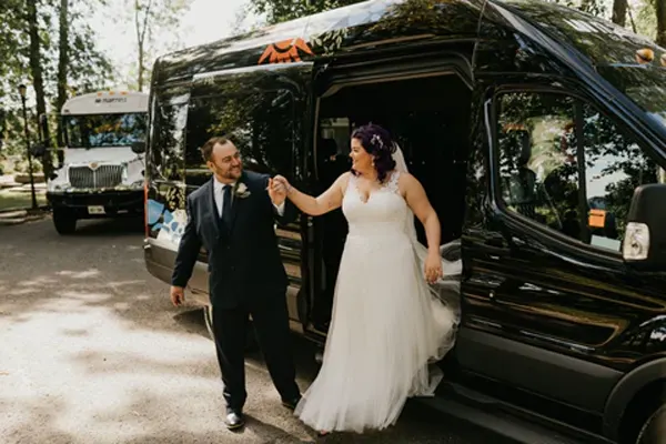 Wedding guests arriving comfortably by shuttle in Orinda